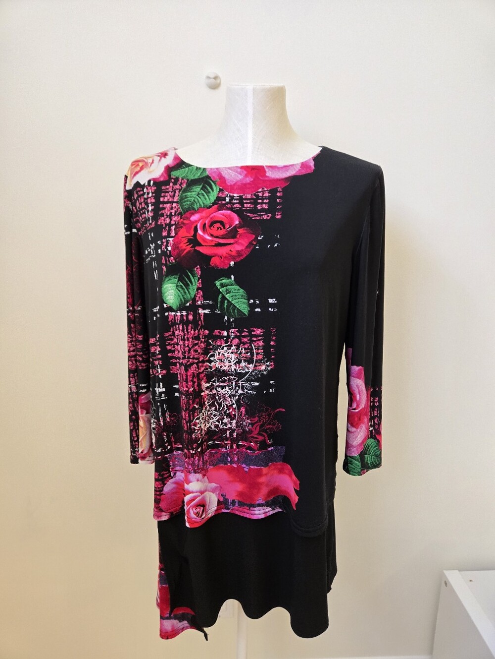Joseph Ribkoff Black Floral Tunic Dress Size 14‎ Layered Top Pink Roses